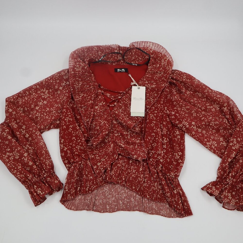 Miss Me Rust Orange Floral Pleat Lace‎ Up Ruffle Blouse MT2499L Women Small NEW